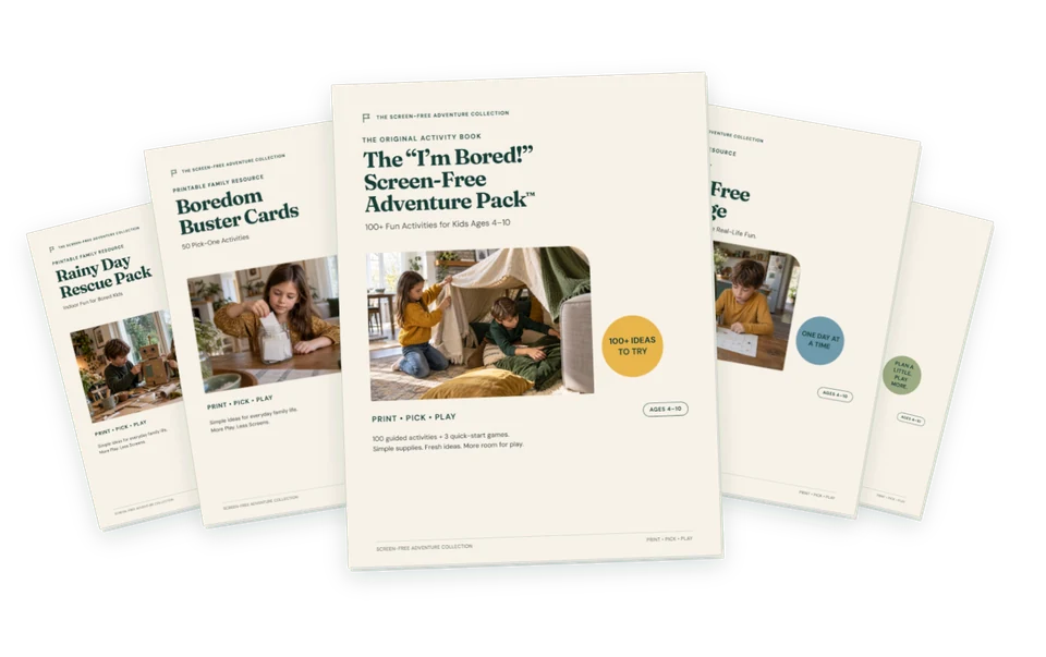 The five real covers in the Screen-Free Adventure Pack: the activity book, Boredom Buster Cards, 30-Day Challenge, Rainy Day Rescue Pack, and Family Toolkit.